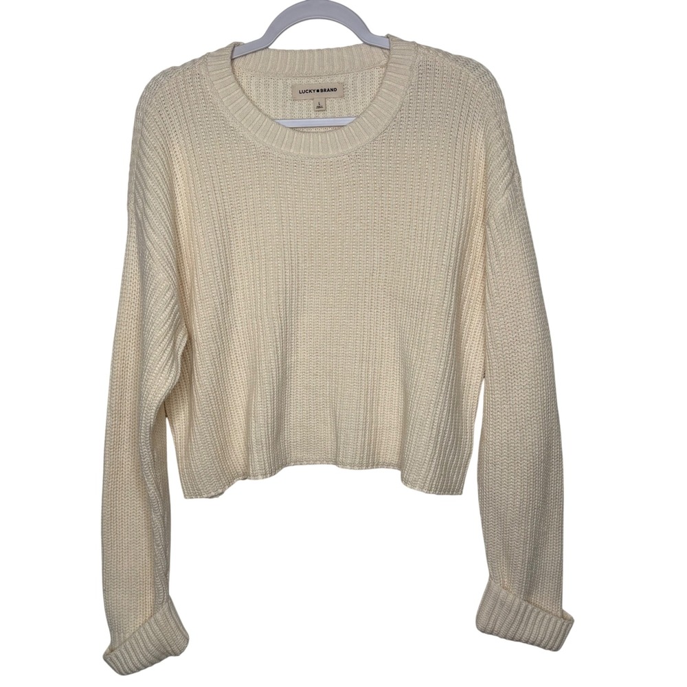 Lucky Brand Womens Ivory‎ Ribbed Cropped Sweater L Clean Girl Minimalist Coastal